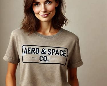 a woman in a t - shirt with a sign that says aero and space co