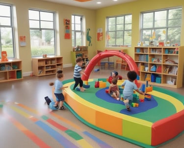 A colorful classroom with small tables and chairs, bright decorations, and educational materials. Children's artwork is displayed on the walls, and there are playful elements like painted benches and a vibrant alphabet rug.