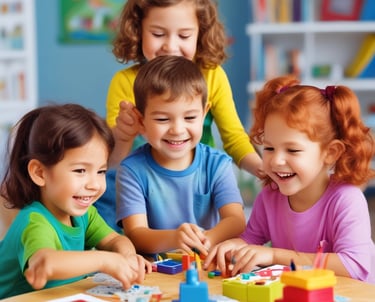 A classroom setting with children sitting at desks and an adult woman standing and interacting with them. The classroom has posters and decorations on the walls, including an alphabet and numbers chart, and a chalkboard with instructions. The woman is holding some items in her hands and seems to be engaging with the children, who are looking at her attentively.
