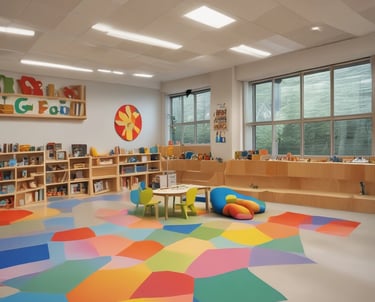 A single-story white building, possibly a preschool, with multiple windows is set against a backdrop of palm trees and a clear blue sky. The structure is surrounded by a low metal fence and is located next to a well-maintained grass lawn and a paved street in the foreground.
