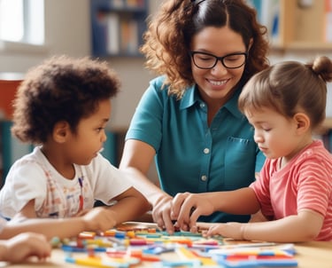 A group of young children in a classroom setting, wearing matching plaid uniforms with turquoise collars. The room has an orange-colored wall and windows with blinds. The children appear to be posing casually, displaying expressions ranging from serious to curious.