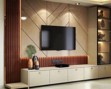 tv unit for luxury room with elegant lighting and panaling with natural view