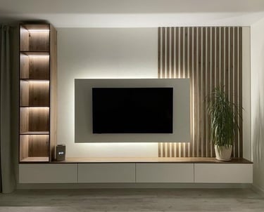 dream furnishings create a purest tv unit with a white light and storage facility thats look wise