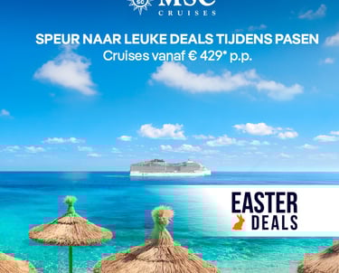 MSC Cruises Easter deals featuring a luxury ship sailing near a tropical beach with straw umbrellas.