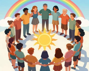 A group of humans of all colors, forming a circle where everyone stands by the shoulders, men, women