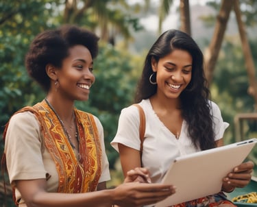 A large group of people in traditional white clothing are gathered in front of a building with palm trees around. They are holding a banner with dates and a travel agency's name. The backdrop includes a tall structure with ornately carved details.