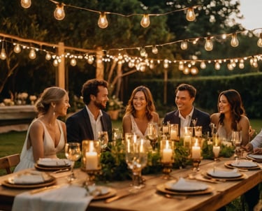 a group of people sitting around a table with candles