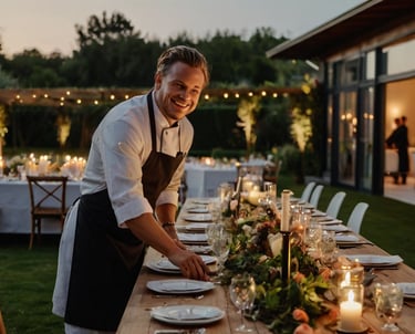 a man in a black apron and aprons is preparing to serve a meal