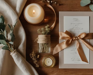 a wedding invitation with a candle and a candle
