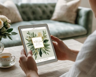 a woman holding a tablet device with a tablet on a table