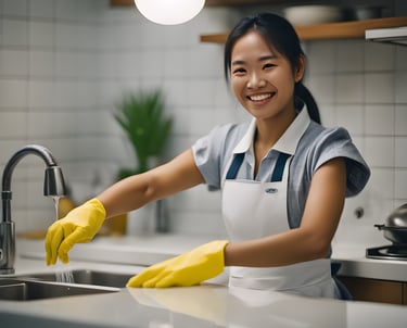 Domestic maid cleaning and doing household chores in modern home in Singapore