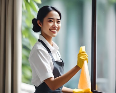 Domestic maid cleaning and doing household chores in modern home in Singapore