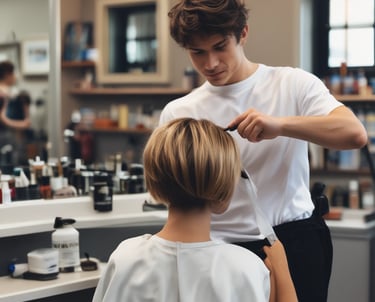 Two barbers are focused on cutting hair in a salon setting. Both individuals are attending to different clients, using scissors and other tools. The ambient lighting gives a calm and concentrated atmosphere. The background includes reflections from mirrors and other salon equipment.