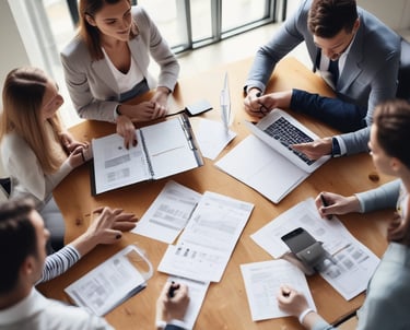A high-angle view of a modern office space with professionals discussing around a table.