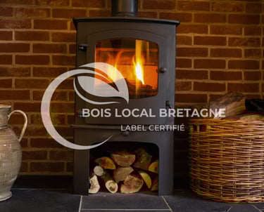 un poêle à bois avec un panier de bûches devant un mur de briques