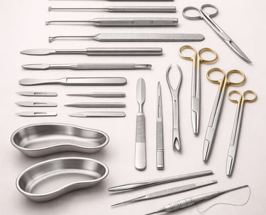 Plastic surgery tools including scalpels, scissors, and forceps on a white background.