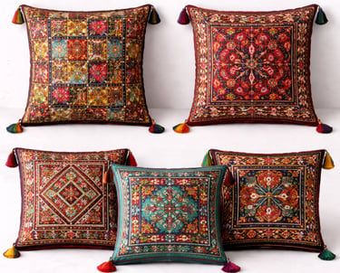 Tribal cushion covers with embroidered patterns, tassels, and ethnic motifs.