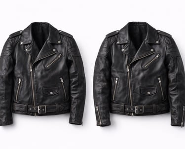 Black leather biker jacket with zipper details and classic motorcycle style