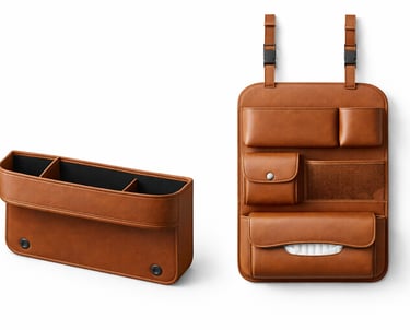 Leather car storage organizers designed to keep vehicle interiors neat and organized.