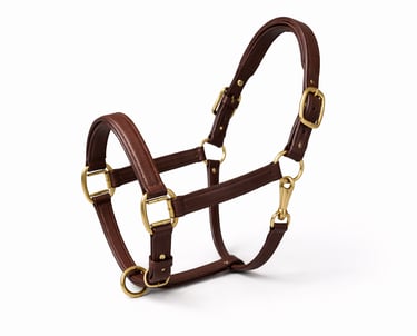Leather horse halter with durable fittings.