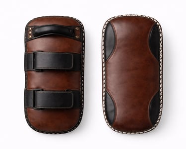 Durable leather kick pads designed to absorb impact during martial arts and combat training.
