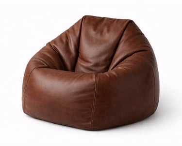 Brown leather beanbag chair with smooth finish designed for casual seating and home decor use.