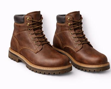 Brown leather boots with rugged sole and lace-up construction