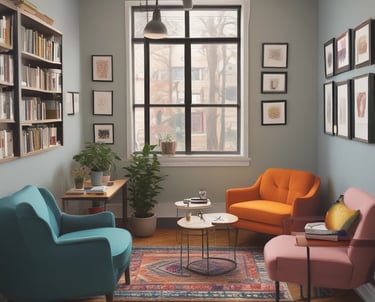 A serene counseling office with comfortable seating and calming decor.