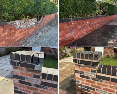 Before and after of professional garden wall brickwork repairs and masonry restoration in southport