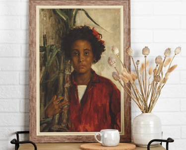 Girl with Sugarcane Portrait of Young Black Girl , Standing and Dressed In Red