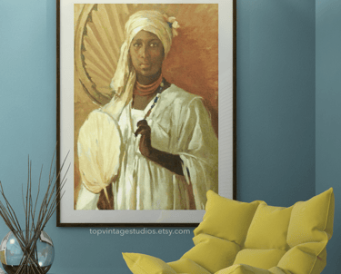 Black Ethiopian Woman Standing, Gaze Steady, In White Gown, Holding Fan and Umbrella