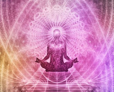 Silhouette of a person meditating in a lotus position surrounded by vibrant, colorful light patterns
