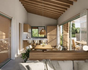 Obra nova a la Costa Brava. Sala d'estar - Cuina - Menjador. Espai Diafan. MATE Studio