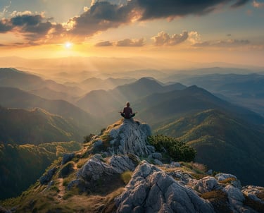 a person sitting on a rock in the mountains with the sun shining down