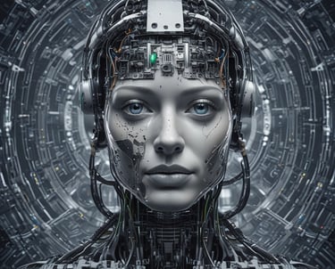 A metallic robotic hand and a human hand point towards each other at the center. Between them, there is a stylized, crystal-like representation of the letters 'AI'. The background is a gradient of orange shades.