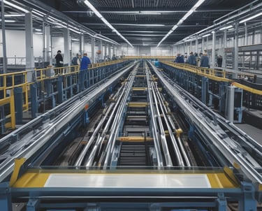 An industrial setting with a large metal structure that includes conveyor belts and piping, set against a clear sky. The foreground features the rear of a vehicle with a sticker on the window.