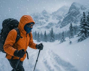 Winter backpacker trekking through snow-covered mountains in bright gear, showcasing cold weather survival and navigation