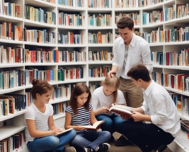 A library with towering wooden bookshelves filled with books and illuminated by warm lights. Above, a glass ceiling lets in natural light and features artistic paper-like sculptures suspended in motion, creating a sense of whimsical movement.