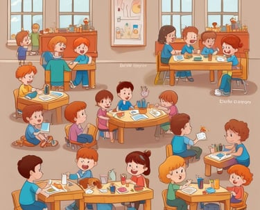 A colorful classroom with small tables and chairs, bright decorations, and educational materials. Children's artwork is displayed on the walls, and there are playful elements like painted benches and a vibrant alphabet rug.