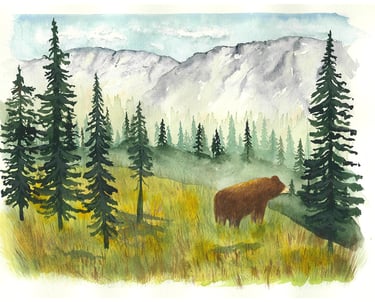 a watercolor bear in a field with trees with mountains in the background