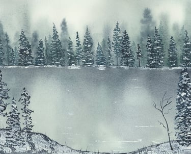 a watercolor painting of a lake with trees and snow