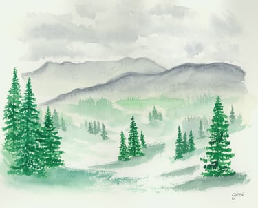 a watercolor painting of a mountain scene with trees in the foreground