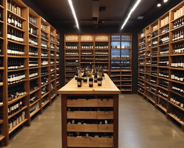 A sleek, modern wine cellar with elegant bottles displayed under soft lighting.