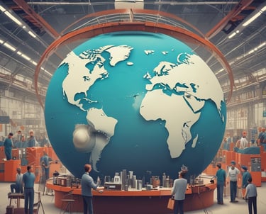 A professional shaking hands with a supplier across a globe-themed background.