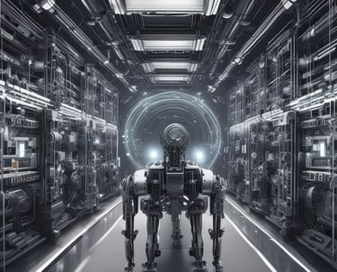 A modern workspace showing people using VR headsets and AI-powered devices.