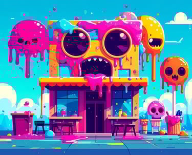 a cartoonish illustration of a building with a skullcant and a skullcan