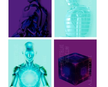 a robot with a cube in the middle of four different images
