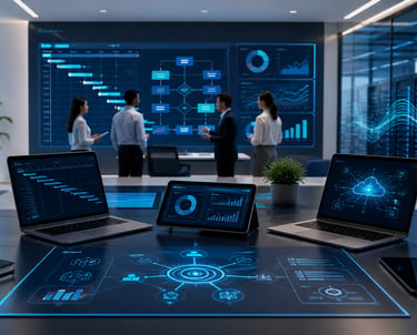 Business team analyzing data on futuristic digital screens in a high-tech network operations center.