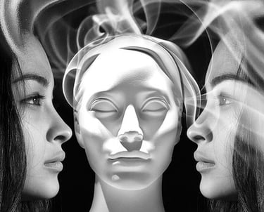 two women facing each other in front of a mannequine