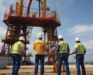 A wide, open road stretches into the distance, bordered by a dry, dusty landscape. On the left side, multiple oil pumps are visible, scattered across the barren terrain. Power lines run along the roadside, while a chain-link fence surrounds the oil field area. The sky is clear and blue.